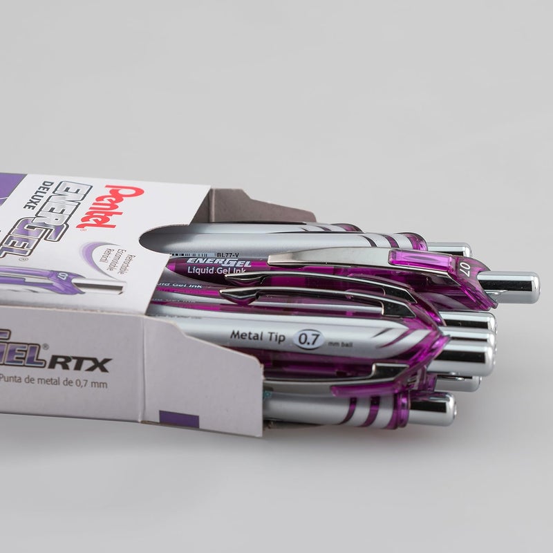 Pentel EnerGel RTX Retractable Liquid Gel Pen, (0.7mm), Medium Line, Metal Tip, Violet Ink, Box of 12 (BL77-V) - Image 2